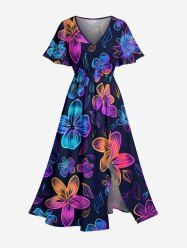 Ombre Flower Print Hawaii Split Pocket A Line Midi Dress -  