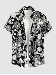 Skulls Mushroom Plant Print Hawaii Button Pocket Shirt For Men -  
