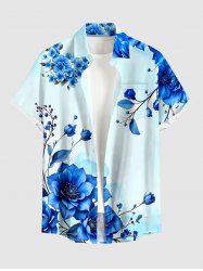 Chemise hawaïenne à imprimé fleurs, feuilles et branches, à boutons et poche, pour homme - Bleu clair 3XL