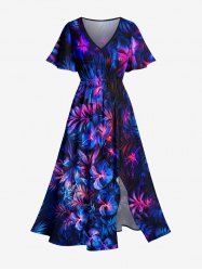 Robe midi fendue hawaïenne à imprimé 3D de fleurs et feuilles tropicales avec paillettes - Bleu profond 6X