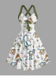 Dinosaur Coconut Tree Print Crisscross Straps Bowknot Hawaii Tank Dress -  