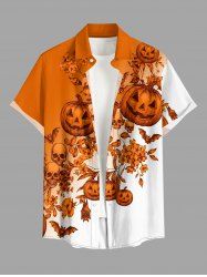 Chemise pour homme à boutons avec poche, imprimé crânes, citrouilles, chauves-souris, fleurs et feuilles d'Halloween - Orange M