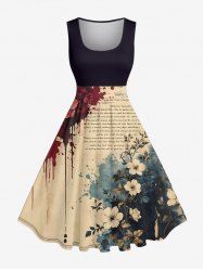 Robe trapèze évasée vintage esprit Hawaï, imprimé fleurs et lettres façon peinture à l'encre - Bronze 3X