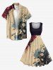 Robe trapèze évasée vintage esprit Hawaï, imprimé fleurs et lettres façon peinture à l'encre - Bronze 3X