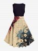 Robe trapèze évasée vintage esprit Hawaï, imprimé fleurs et lettres façon peinture à l'encre - Bronze 3X
