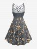 Robe hawaïenne à imprimé soleil cocotier, crâne, pirate, oiseau et gouvernail, avec bretelles croisées et fronces en treillis - Gris XS
