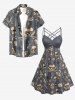 Robe hawaïenne à imprimé soleil cocotier, crâne, pirate, oiseau et gouvernail, avec bretelles croisées et fronces en treillis - Gris XS