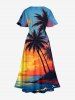 Robe midi hawaïenne fendue à imprimé cocotier, soleil, paysage marin et vagues - Bleu Ciel XS