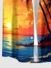 Chemise hawaïenne homme à imprimé cocotier, soleil, paysage marin et vagues de mer, avec boutons et poche - Bleu Ciel S