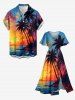 Robe midi hawaïenne fendue à imprimé cocotier, soleil, paysage marin et vagues de mer - Bleu Ciel 3X