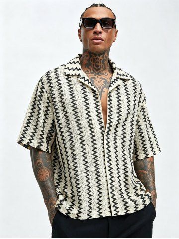 Men's Lace Openwork Geometric Chevron Zigzag Pattern Camp Collar Button Up Short Sleeves Shirt - BEIGE - XXL