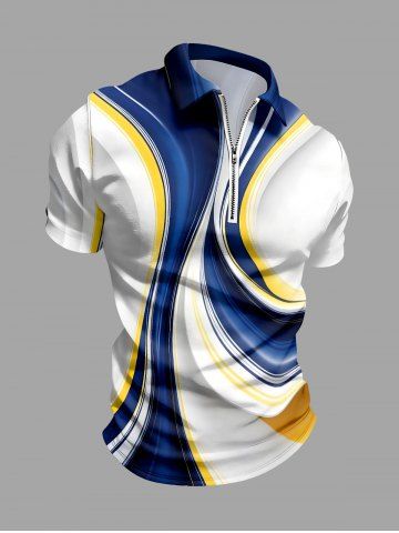 Curve Print Hawaii Zipper Polo Shirt For Men - DEEP BLUE - XS