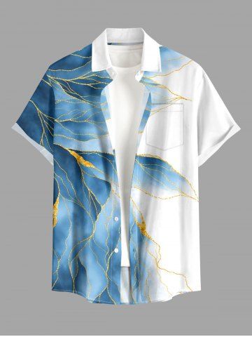 Leaf Marble Print Buttons Pocket Hawaii Shirt For Men - BLUE - 3XL