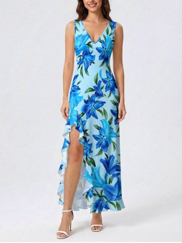 Robe portefeuille fendue à volants à imprimé hawaïen fleurs et feuilles - LAKE BLUE - M