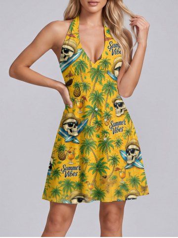 Robe halter hawaïenne à imprimé cocotier, ananas, crâne et jus de fruit - YELLOW - M