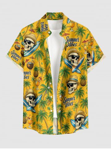 Coconut Tree Pineapple Skull Fruit Juice Print Buttons Pocket Hawaii Shirt For Men - YELLOW - 6XL