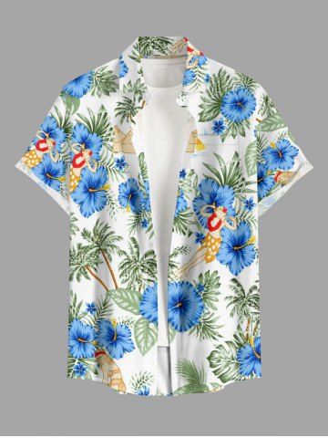 Coconut Tree Hibiscus Flowers Lady Print Buttons Pocket Hawaii Shirt For Men - SKY BLUE - 6XL