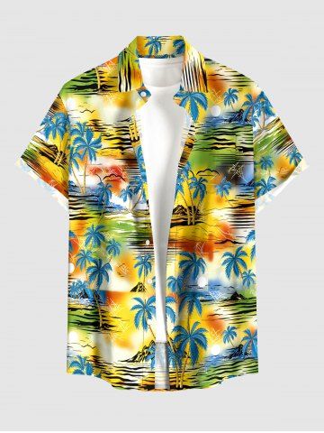 Coconut Tree Sun Ombre Print Buttons Pocket Hawaii Shirt For Men - YELLOW - 3XL