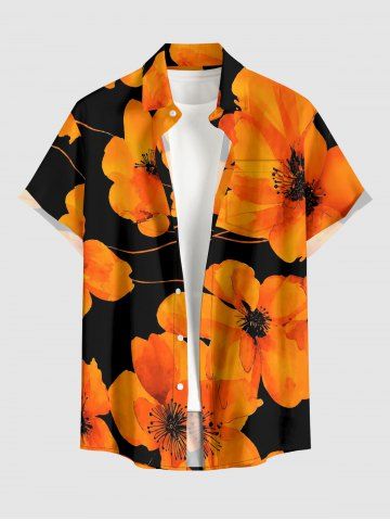 Chemise hawaïenne à imprimé fleuri, à boutons et à poche pour homme - ORANGE - 4XL
