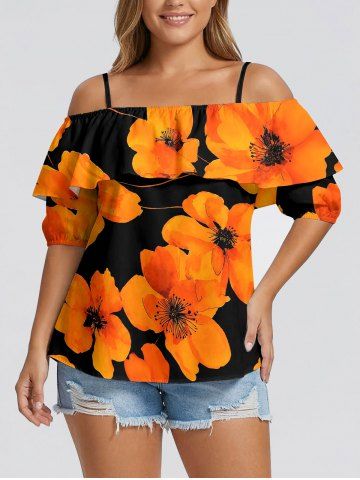 Blouse à imprimé floral hawaïen, à volants et à épaules dénudées - ORANGE - 2XL