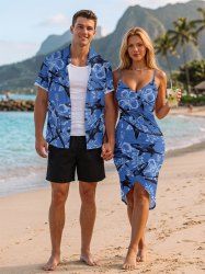 Ensemble assorti de plage hawaïen pour couple avec imprimé fleurs, feuilles et requin - Bleu 