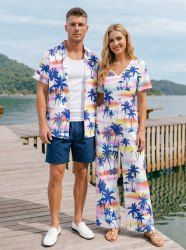 Tenue de plage hawaïenne assortie pour couple avec imprimé cocotier et ciel coloré - Violet clair 