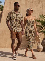 Tenue de plage hawaïenne assortie pour couples à imprimé graphique géométrique ethnique - Bronze 