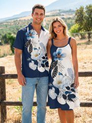 Flower Leaf Branch Print Matching Hawaii Beach Outfit For Couples -  