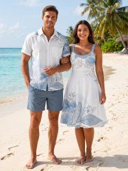 Tenue de plage hawaïenne assortie à imprimé fleurs et feuilles pour couples - Bleu clair 