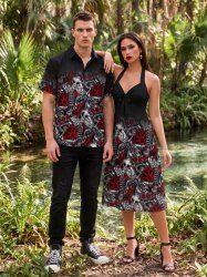 Tenue assortie pour couples à imprimé ombré de crânes et pièces de machine pour Halloween - Noir 