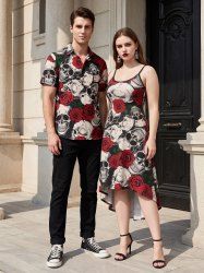Halloween Skulls Rose Flower Print Matching Outfit For Couples -  