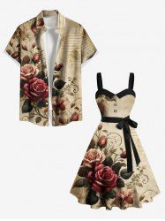 Tenue de plage hawaïenne assortie grande taille à imprimé journal vieilli, motif fleur de rose et feuille, pour couple - café lumière 
