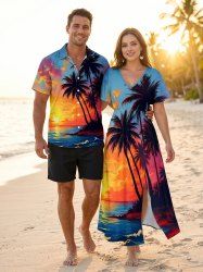 Tenue de plage hawaïenne assortie pour couples avec imprimé cocotier, soleil, paysage marin et vagues de la mer - Bleu Ciel 