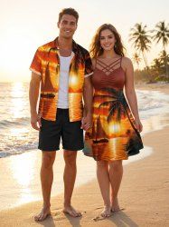 Tenue de plage hawaïenne assortie pour couple, imprimé cocotier, soleil, paysage marin et voilier - Orange Foncé 