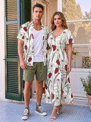 Tulip Flower Leaf Branch Print Matching Hawaii Beach Outfit For Couples -  