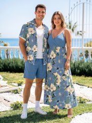 Tenue de plage hawaïenne assortie pour couples avec imprimé de fleurs et feuilles d'hibiscus - Bleu Ciel 