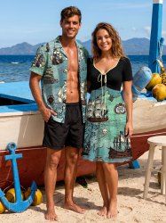 Tenue assortie pour couple - imprimé crâne voilier mer - tenue de plage et de croisière hawaïenne - Turquoise Foncée 