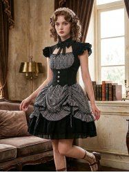 Robe gothique 2-en-1 à imprimé rayé, taille cintrée, volants et découpes - Noir S