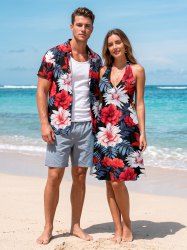 Flowers Tropical Leaf Print Matching Hawaii Beach Outfit For Couples -  