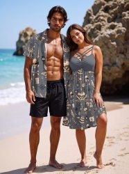 Tenue de plage hawaïenne assortie pour couples à imprimé cocotier, crâne, pirate, oiseau, gouvernail et soleil - Gris 