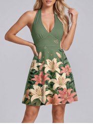 Robe trapèze hawaïenne à décolleté plongeant et liens nuque, imprimé fleurs de lys, feuilles et branches - Vert clair XS