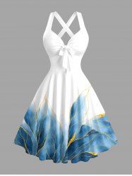 Robe débardeur hawaïenne à imprimé feuille marbré, bretelles croisées et nœud - Bleu XS