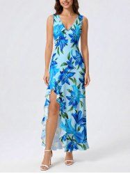 Robe portefeuille à volants et fente, imprimé fleurs et feuilles hawaïen - Pers XS