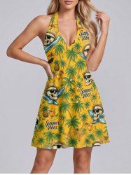 Coconut Tree Pineapple Skull Fruit Juice Print Hawaii Halter Dress -  