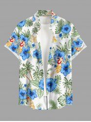 Chemise hawaïenne pour homme à imprimé cocotier, hibiscus et femme, avec boutons et poche - Bleu Ciel M