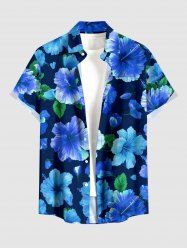 Hibiscus Flower Leaf Print Hawaii Button Pocket Shirt For Men -  