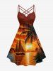 Tenue de plage hawaïenne assortie pour couple, imprimé cocotier, soleil, paysage marin et voilier - Orange Foncé 
