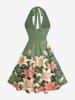 Robe trapèze hawaïenne à décolleté plongeant et liens nuque, imprimé fleurs de lys, feuilles et branches - Vert clair XS