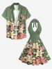 Robe trapèze hawaïenne à décolleté plongeant et liens nuque, imprimé fleurs de lys, feuilles et branches - Vert clair XS