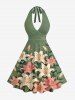 Robe trapèze hawaïenne à décolleté plongeant et liens nuque, imprimé fleurs de lys, feuilles et branches - Vert clair XS